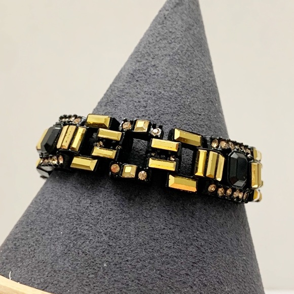 Black enamel and gold and champagne rhinestone art deco style bracelet - Picture 7 of 13